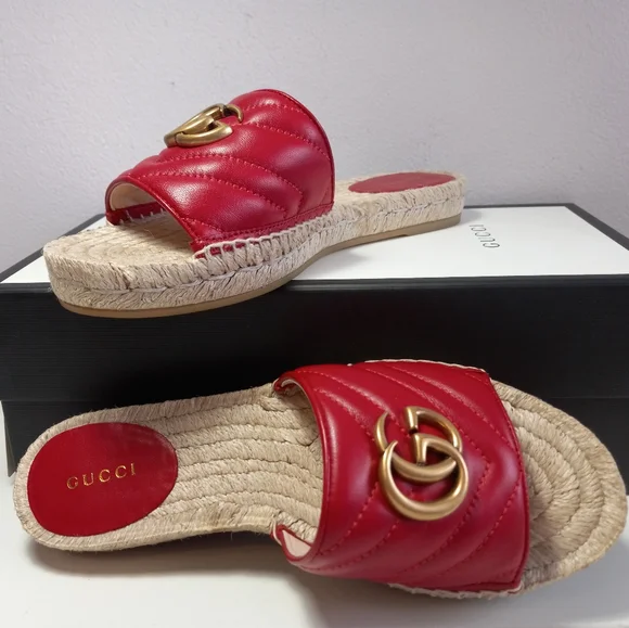 NEW GUCCI GG MARMONT MATELASSE LEATHER ESPADRILLE SANDALS RED/GOLD SZ 37 - Picture 9 of 16